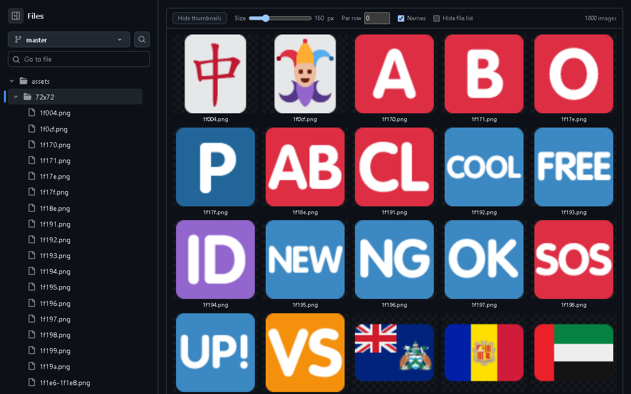 GitHub Image Viewer showing a GitHub folder as a thumbnail grid with size and images-per-row controls