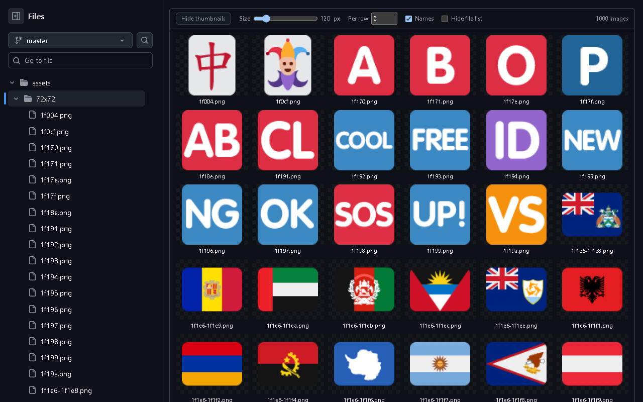 Thumbnail grid fixed to six images per row on a GitHub folder